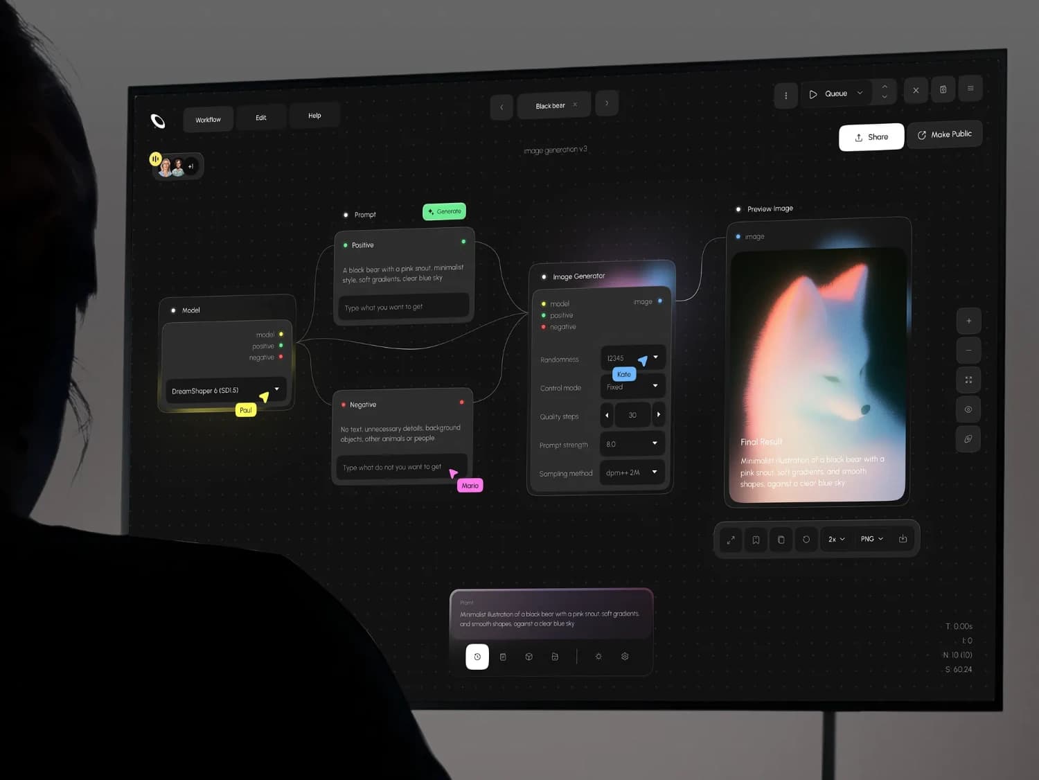 A team building an AI workflow on a large screen
